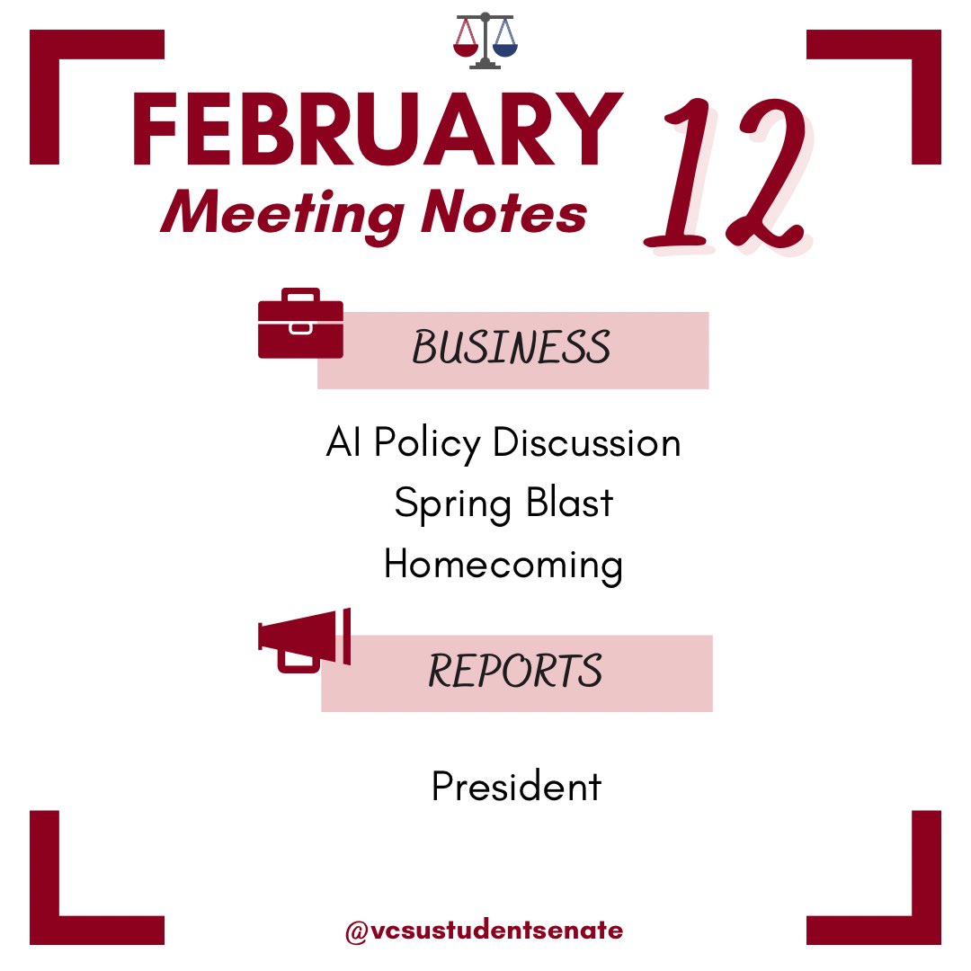 💼 In this week's meeting...  

📷 For more information on these topics, check out the full post on our Instagram!  

#MeetingNotes #StudentSenate #StudentGovernment #VCSUStudentSenate