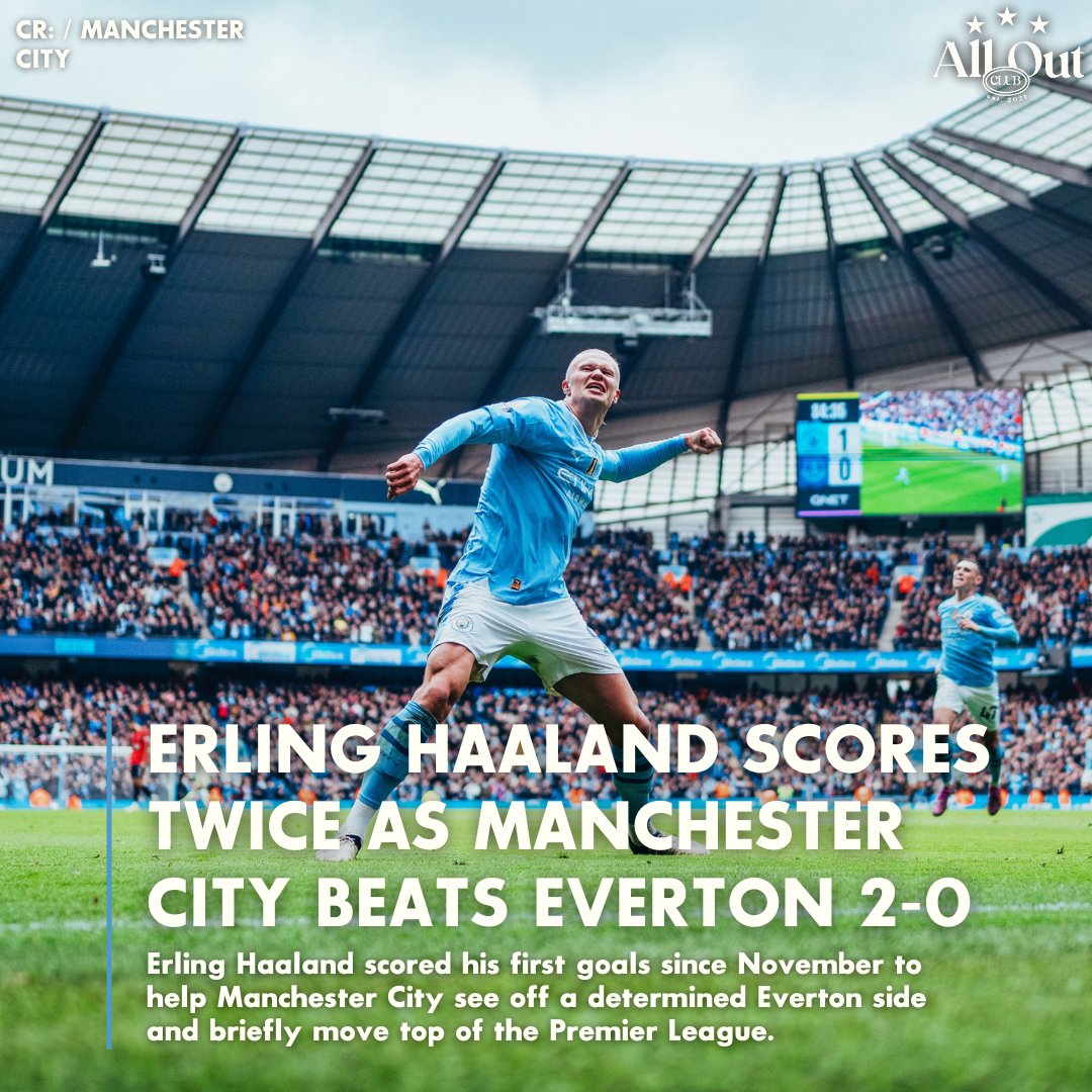 AllOutClub's tweet photo. EPL MATCHDAY 24: The Match of the Round &amp; Full Results. 

Erling Haaland's impressive second-half brace secured a hard-fought 2-0 victory for Manchester City over Everton in the Premier League. #EPL #Matchday24 #ManCity @premierleague @ManCity https://t.co/tHbBNyuWnF