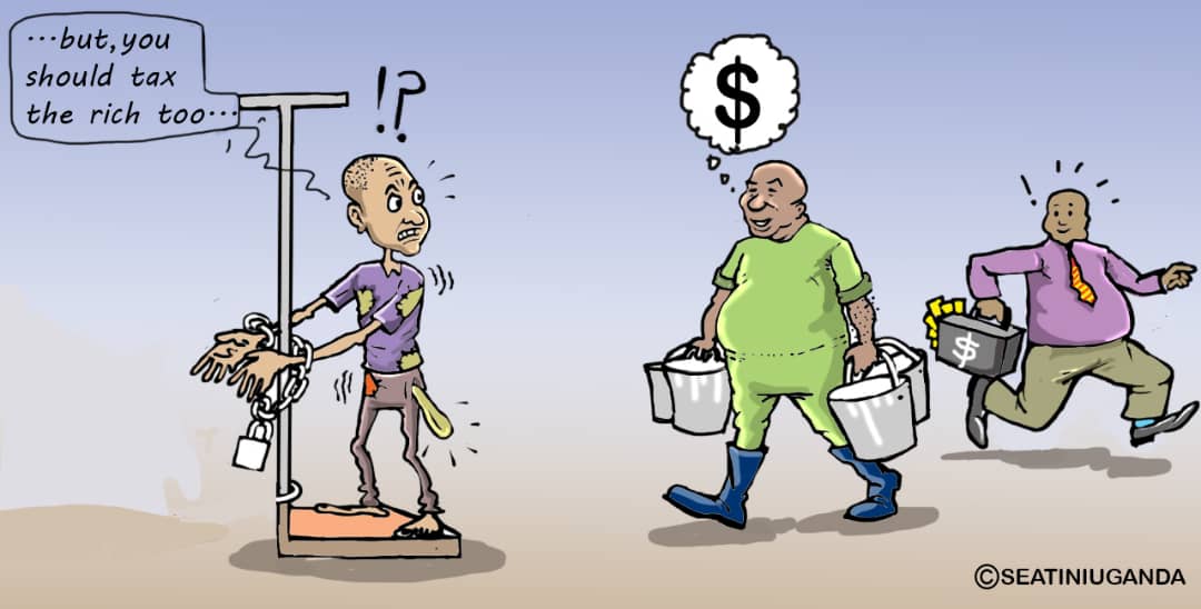 Our #CartoonOfTheWeek, exposes the harsh reality: while taxes are vital for public services, the burden unfairly affects the poor. How can government ensure tax fairness, where the wealthy contribute their fair share without deepening the plight of the marginalized? #TaxJusticeUG