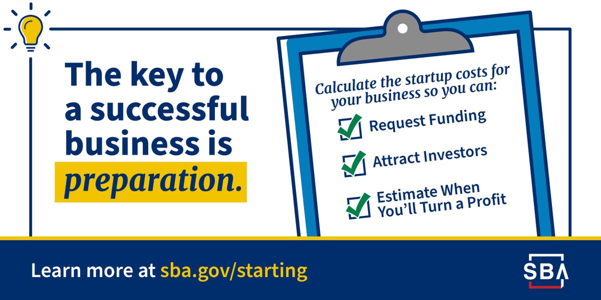 💡 #TuesdayTip!

Calculating startup costs can set your business up for success!

Learn more: sba.gov/starting 

#NatlEshipWeek #Entrepreneurship #SmallBusiness #SmallBusinessBigDreams