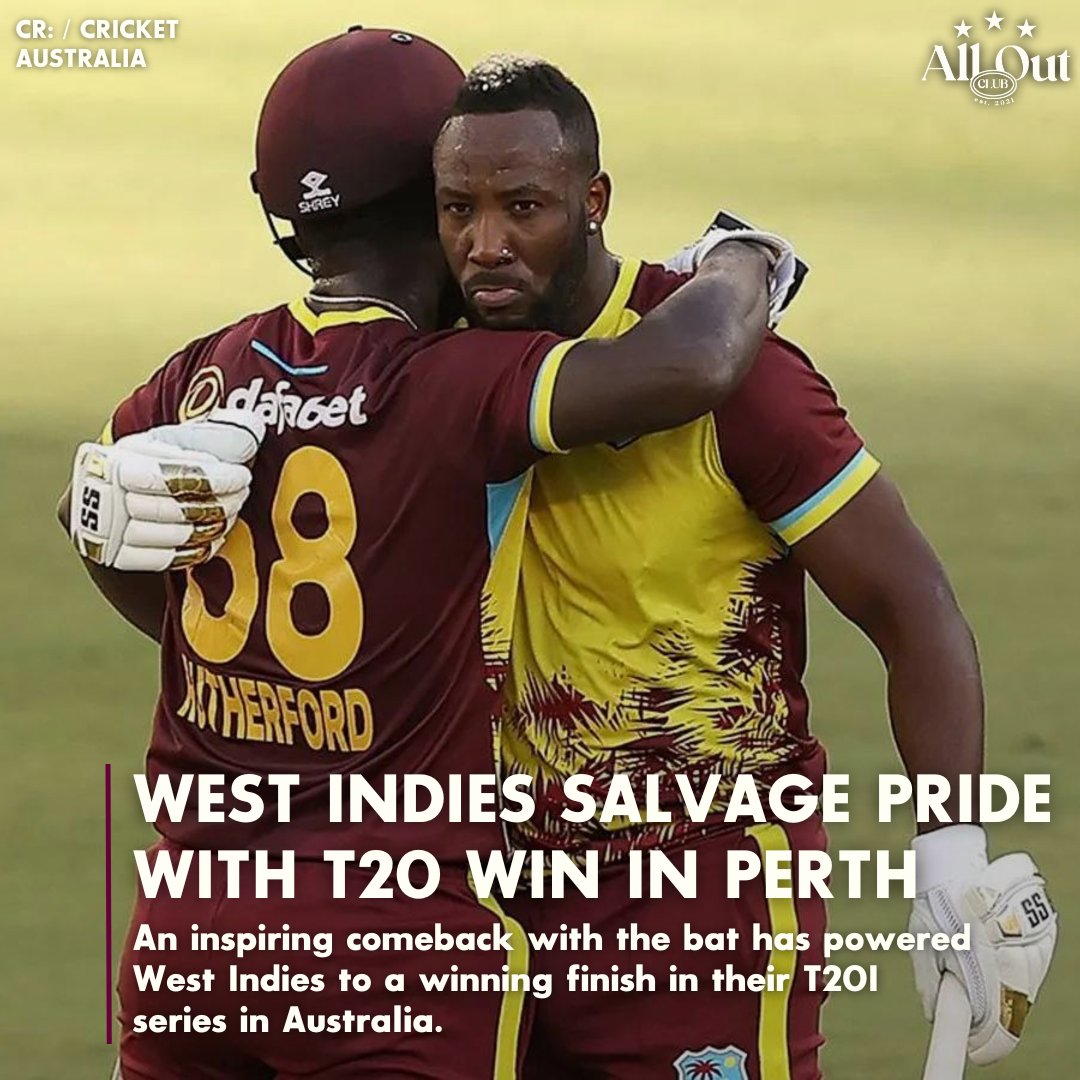 AllOutClub's tweet photo. The West Indies salvaged pride in the final match of their Australian tour, winning the final T20 in Perth by 37 runs. #AUSVWI #T20 #SummerOfCricket @windiescricket https://t.co/6r0repJ37l