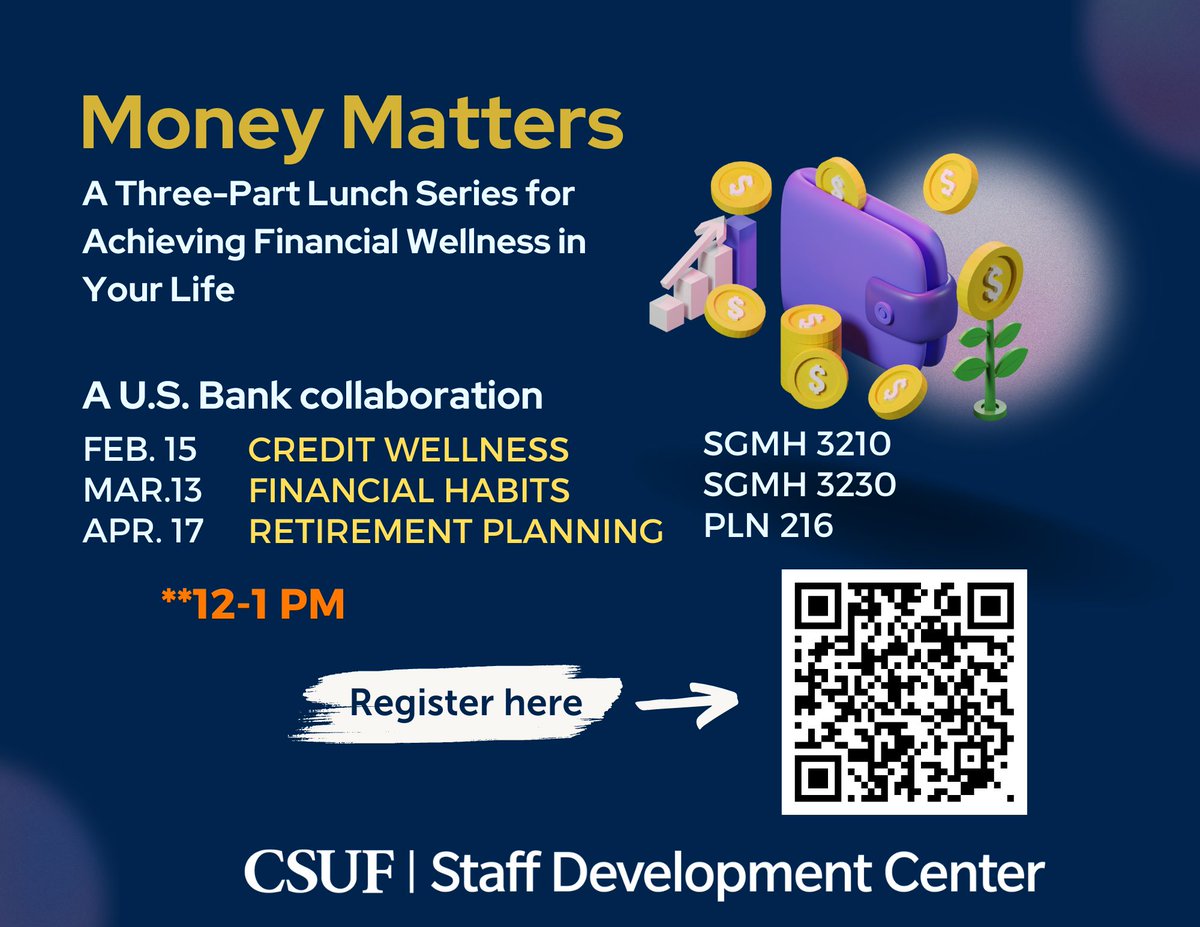 The Money Matters series starts again THIS Thursday!! Money Matters is a three-part lunch series dedicated to achieving financial wellness in your life.

Feb. 15 - Credit Wellness
Mar. 13 - Financial Habits
April 17 - Retirement Planning

Register here: fullerton.qualtrics.com/jfe/form/SV_7Q…