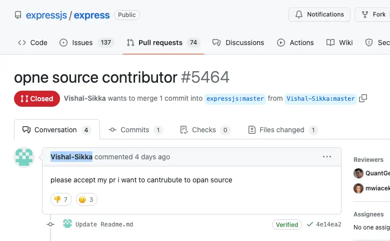 feross's tweet image. 🚨 The Express.js repo got swamped with spam PRs thanks to a YouTube tutorial gone wrong. Hundreds of low-effort contributions flooded in, creating chaos for maintainers.

Some called it an &quot;attack on open source&quot;, as pages of &quot;UTTER GARBAGE&quot; piled up in the Express.js project.