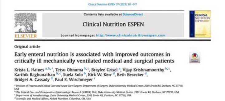 🚨 🏥 Please Retweet! Early enteral #nutrition (EN) w/in 3 d of ICU admit/intubation improves outcomes! ⬇️ Hospital MORTALITY ⬆️ D/C to Home ⬇️ ICU & Hosp LOS ⬇️ Vent Days ⬇️ Costs 🙋‍♂️Data from >27800 pts in real world practice 🔗 sciencedirect.com/science/articl… #ICUNutrition #FOAMcc…