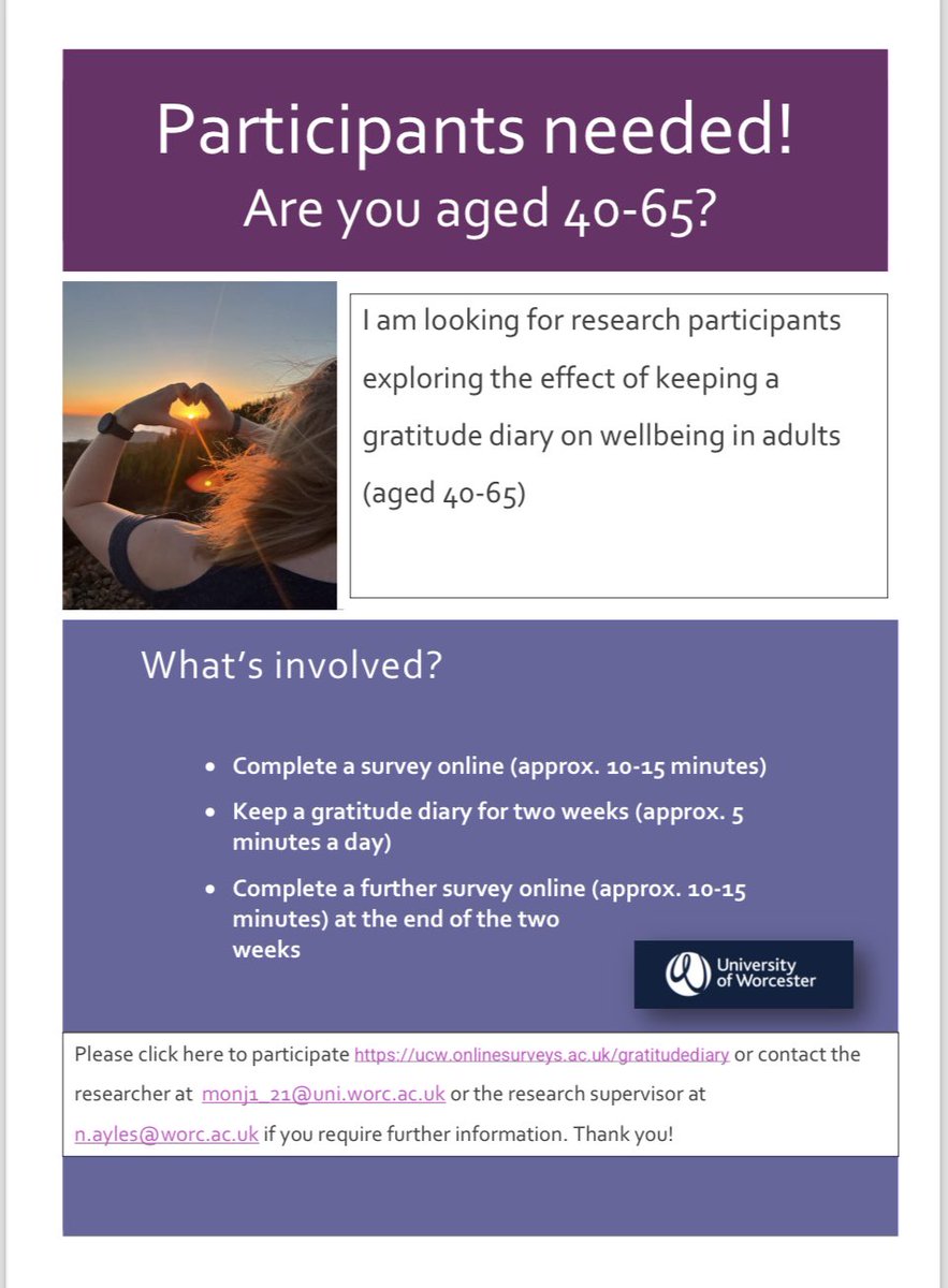 Hi, are you aged 40-65? #participantsneeded for my #psychology research project about #gratitude.  
If you’re interested, please go to ucw.onlinesurveys.ac.uk/gratitudediary or email me for further details. Thank you! #gratitudediary #gratitudejournal #grateful #practicegratitude #grateful