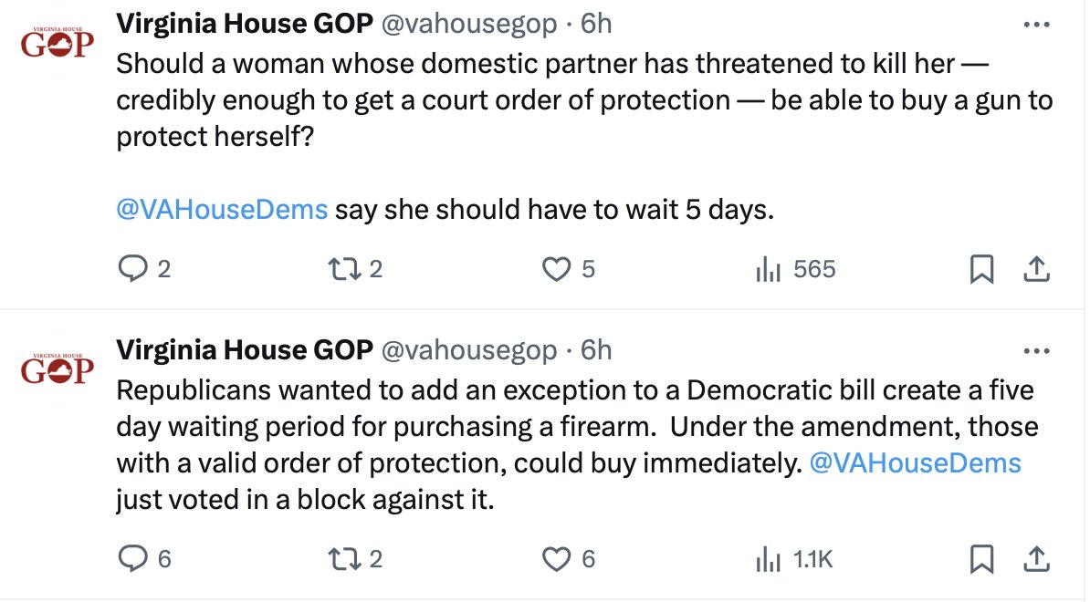 Virginia Democrats would endanger the life of a woman in an abusive environment because they hate the Second Amendment more than they care about victims.