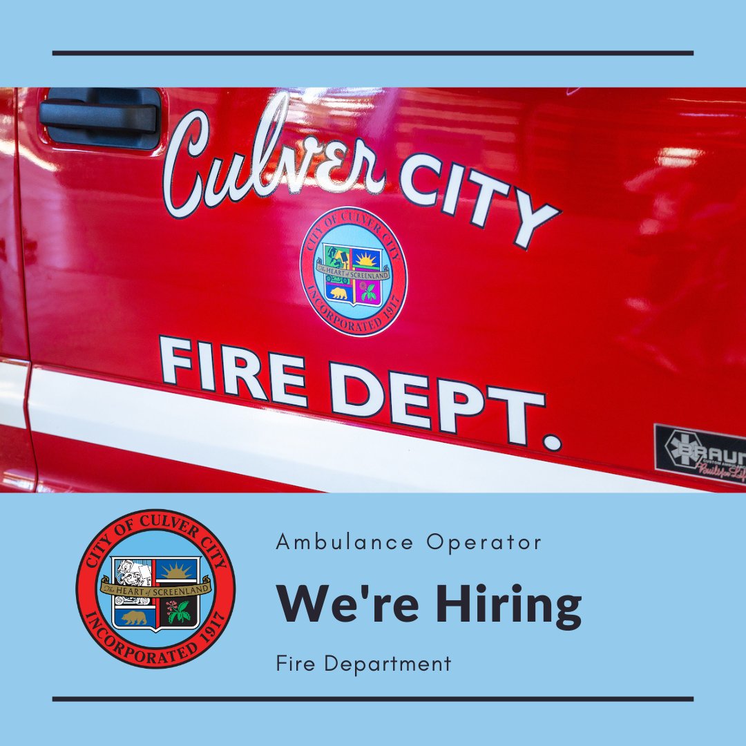 The #CulverCity Fire Department is hiring an Ambulance Operator. bit.ly/3SBSV95 This is a continuous hiring position, and individuals must submit an application on line for consideration. If you have any questions, please call (310) 253-5640.