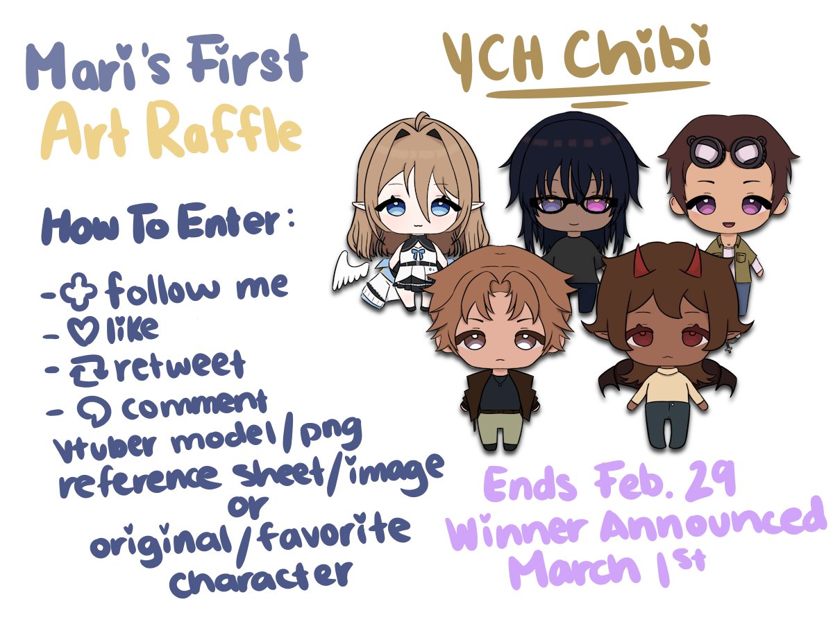MarikoTsuchino's tweet photo. Art Raffle - YCH Chibis ! (•̀ᴗ•́ )و
number of winners will be based on how much people participate

how to enter
-follow
-like
-retweet
-comment model ref. sheet

#ENVtubers #VtuberUprisings #vtuber #YCH #art #raffle #artraffle #Giveaways https://t.co/wNNe7z10vq