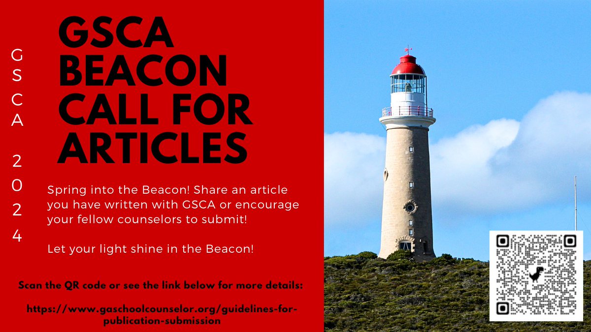 The Beacon is now accepting article submissions for their bi-annual, digital publication for the 2024 Spring Beacon edition. If you would like to submit a Beacon article, please see the website, gaschoolcounselor.org/guidelines-for… for more information. Deadline: March 22, 2024 #scchat