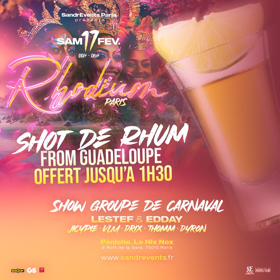 Les amateurs de rhum Bologne &amp; Damoiseau, vous aurez les reins solides ou pas ? 👀🥴

Shot de rhum from Guadeloupe offert jusqu’à 1H30 ! 

On vous a dit, la 🅱️ringue la vraie. 🤩

(Si t’es chabin c’est le moment de prouver 🤣)

🎟️ : my.bizouk.com/rhodium-paris-…