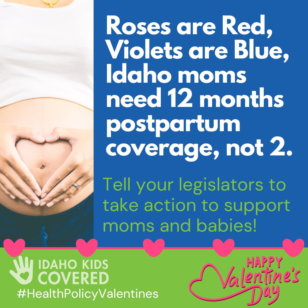 IDKidsCovered's tweet photo. Ask your legislators to show Idaho moms and babies some love this Valentine's Day by supporting extending Medicaid postpartum health care coverage to 12 months!  #HealthPolicyValentines https://t.co/EyiIx98Y4N https://t.co/0kZ8VC6IMD