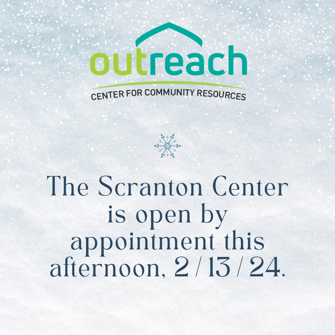 Outreach_Works's tweet image. The Seventh Avenue Center at 431 7th Avenue in Scranton is open by appointment this afternoon. Please contact your Outreach specialist for more information if you have questions about receiving services.

#FamilyStability #WorkforceDevelopment #Parenting #SupportiveServices