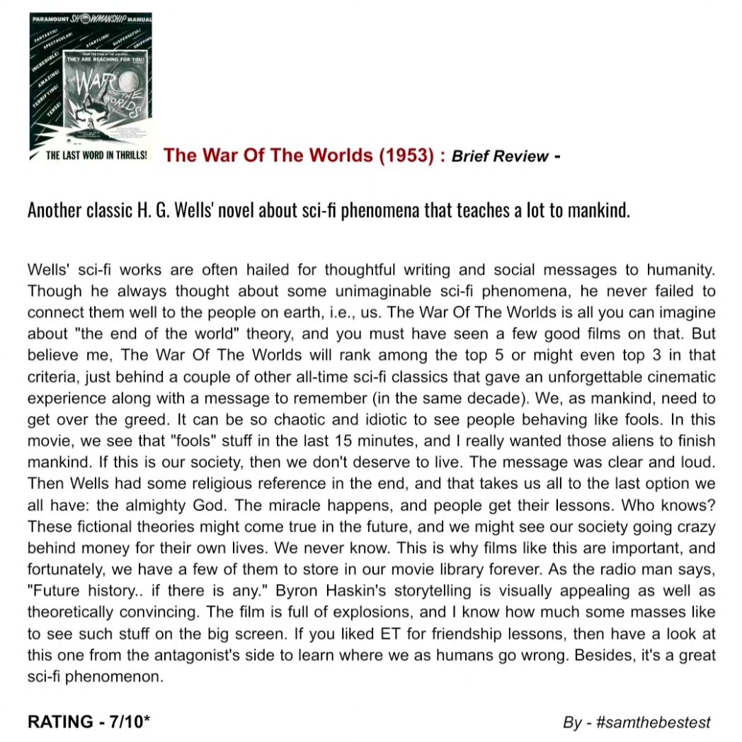 SAMTHEBESTEST_'s tweet photo. Watched #TheWarOfTheWorlds (1953) :
Another classic H. G. Wells' novel about sci-fi phenomena that teaches a lot to mankind.
RATING - 7/10*
#ByronHaskin #GeneBarry #AnnRobisonson #LesTremayne #BobCornthwaite #LewisMartin #SandroGiglio #MovieReview #FilmReview #OldHollywood https://t.co/vq7SUS09bg