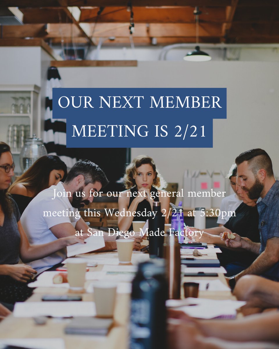 Our next general member meeting will be on February 21st at 5:30pm at the San Diego Made Factory! Register through the link below to join us. Guest speaker to be announced soon. ⁠

members.businessforgoodsd.com/calendar/Searc…
⁠
