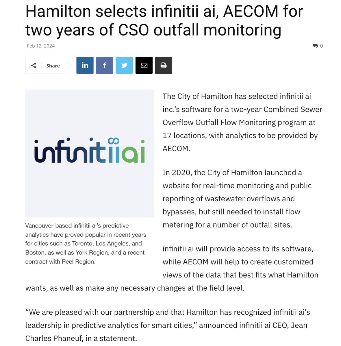 NathanRudyk's tweet photo. #Predictiveanalytics #software leadership! @ESEMAG writes about @CityofHamilton decision to choose @AECOM and @infinitiiai for a 2-year Combined Sewer Overflow (#CSO) #Outfall #FlowMonitoring program at 17 locations.
$IAI.cn $CDTAF $7C5 #AI #ML
https://t.co/ZhYjdRILY4 https://t.co/py8GUDf7ug