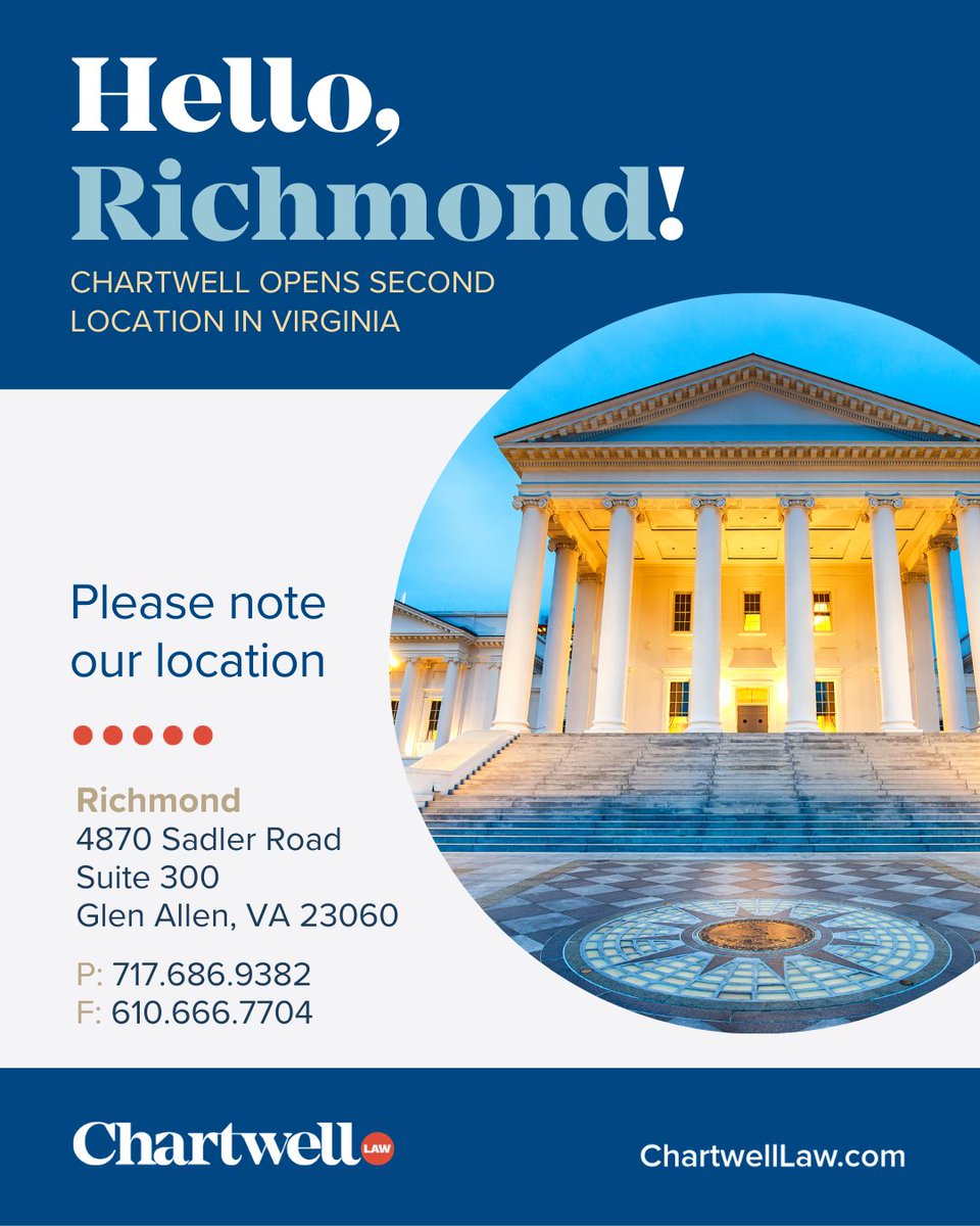 Chartwell is heading to the capital of Virginia and we are thrilled to announce the opening of our newest office in the heart of Richmond!

#ChartwellLaw #Virginia #VA #Richmond #rva