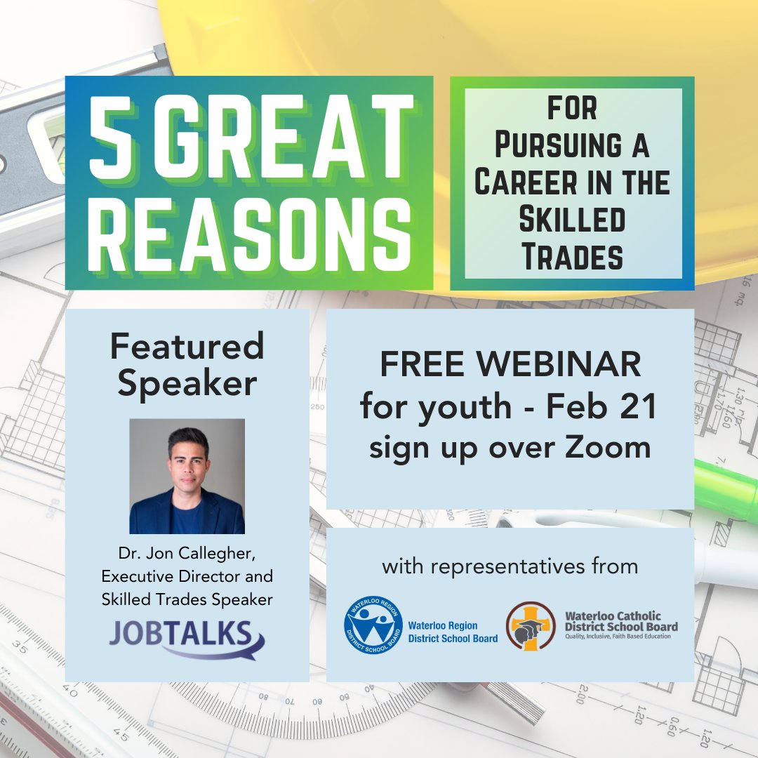 Dr. Jon Callegher of Job Talks will share research on the emotional and experiential challenges facing young people today. Hear his 5 reasons for why working in the skilled trades is an ideal career option. Free webinar for youth on Feb 21 at 6:30 PM: us02web.zoom.us/webinar/regist…