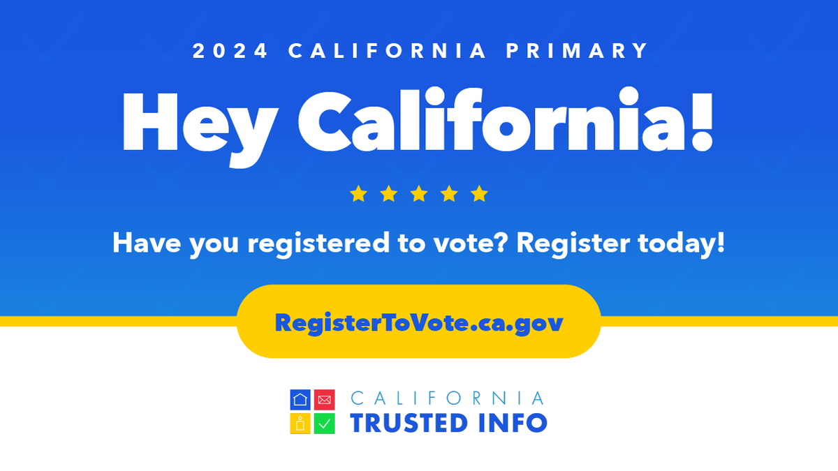 CASOSVote's tweet image. The last day to register to vote online is February 20th. Register now at RegisterToVote.ca.gov. #CATrustedInfo2024 #VoteCalifornia