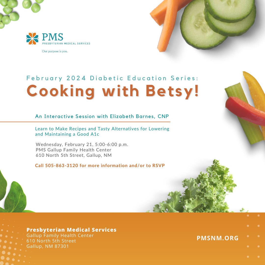 Are you ready to lower your A1C this year? Then don’t miss our free “Cooking with Betty class” hosted by PMS Gallup Family Health Center. Spots are limited - join us on Tuesday, February 20. 

#NewMexicoCooking #GallupNM #PresbyterianMedicalServices