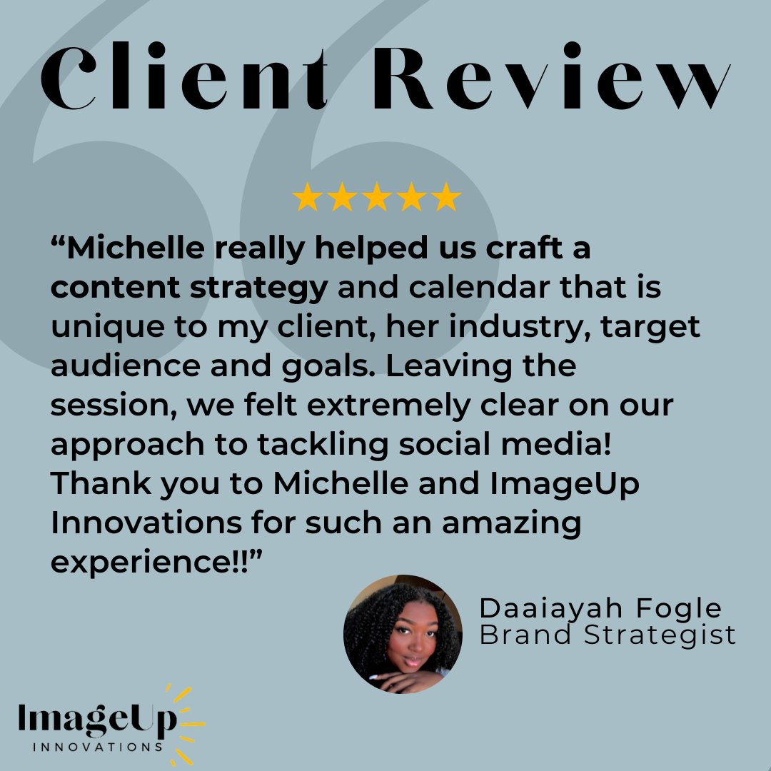 Another Strategy Call, another satisfied client! 💫

She walked away with a full month's worth of content pillars, sub-topics, hashtags, CTA's &amp; best practices that she can apply in her social media content. Ready for a Content Strategy Call? Book a call: Calendly.com/ImageUp