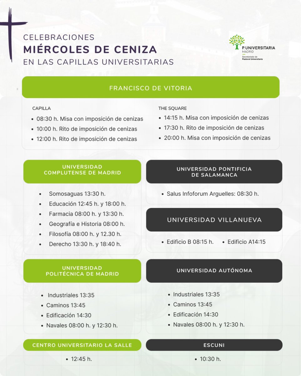 Si estás buscando dónde celebrar mañana el #MiercolesdeCeniza, aquí te dejamos toda la información de las celebraciones en las capillas de las distintas #universidades de Madrid

¡Vamos a iniciar juntos el camino de la #cuaresma!