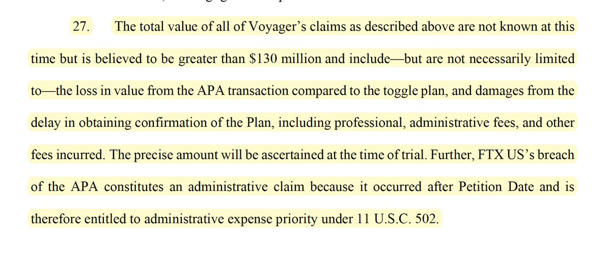 #FTX #Voyager - WOW, Voyager's POC against FTX, and it's going to be good. I mean, I think they really do have a claim for damages between the APA recovery and the liquidation recovery to creditors. This is going to be a decent fight here, given FTX has the money and is clearly