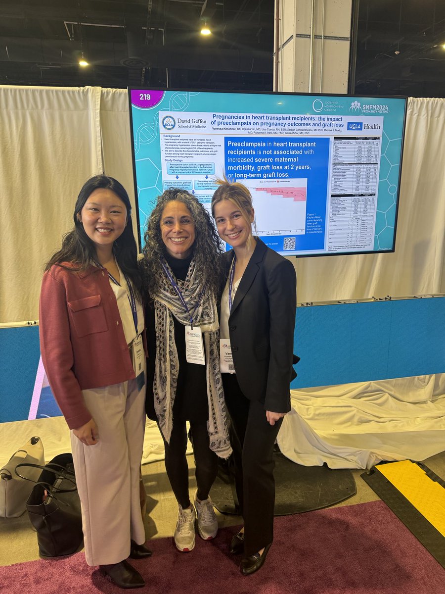 The future of ⁦@MySMFM⁩ - Dr ⁦@YinOphelia⁩ and ⁦@dgsomucla⁩ med student, Vanessa Kirschner presenting our work in pregnant people with kidney and heart transplants - collab w ⁦@TransplantPreg1⁩ ⁦@uclaobgynedu⁩ - poster 218 and 219.