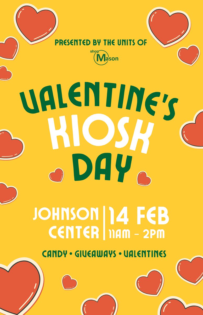 Join us on Valentine's Day, Wednesday, February 14, in the Johnson Center's food court from 11 AM - 2 PM for extra sweetness. There will be free candy, Valentine cards, and giveaways. 💕 @shopMason