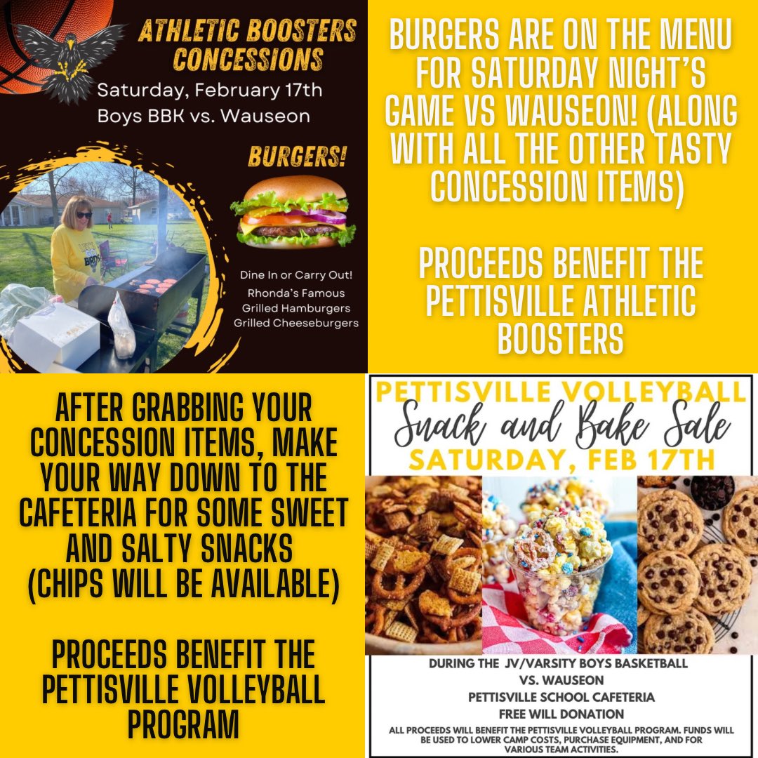 Saturday’s home jv/varsity boys game will have many food options!  Come out and support the athletic boosters and the volleyball program.  We would love to see you there!  #pettisvilleproud