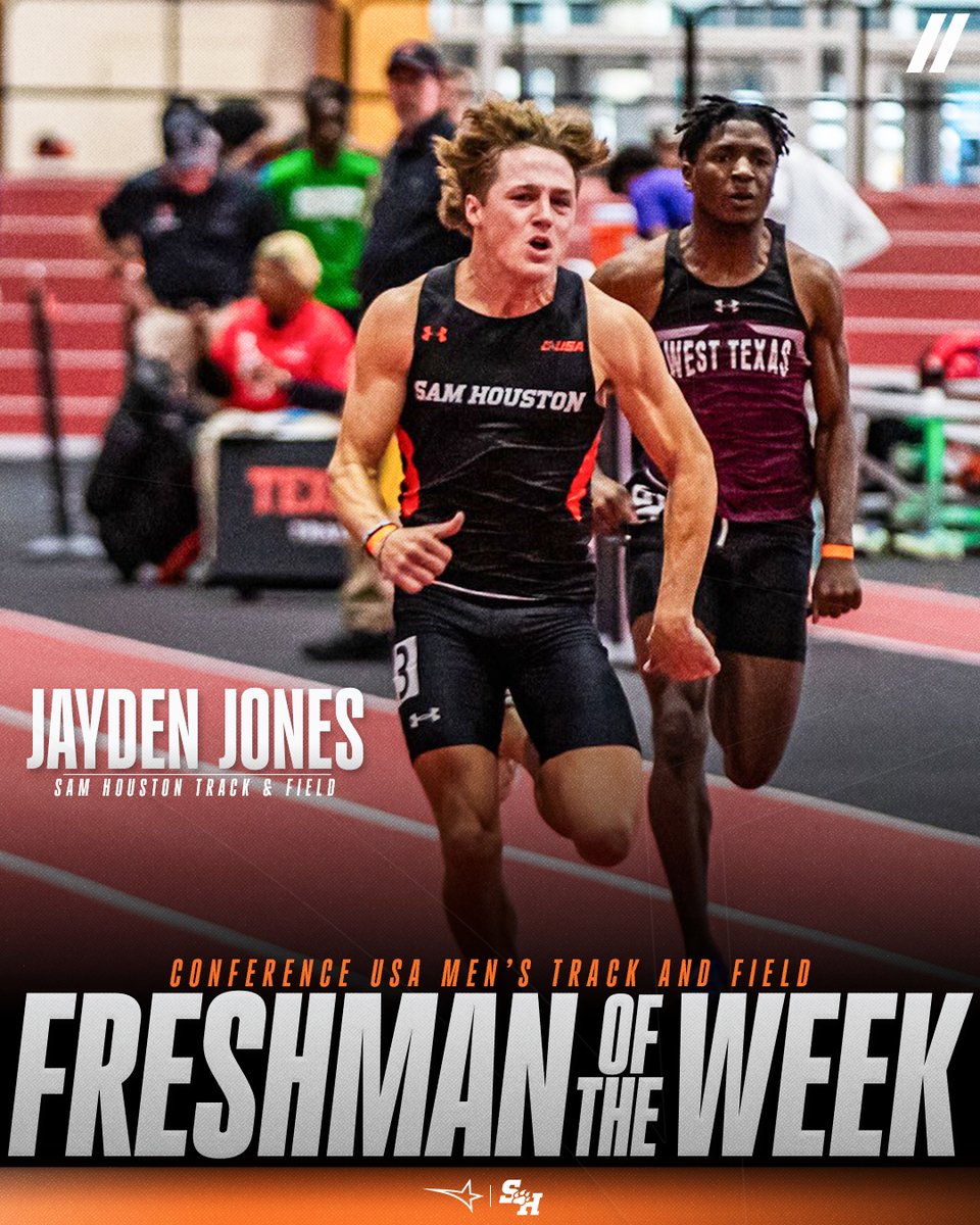 ConferenceUSA's tweet photo. 🏃 FRESHMAN OF THE WEEK 🏃‍♂️
presented by Blenders Eyewear //

🏅1️⃣ Jayden Jones, @BearkatsTFXC

#NoLimitsOnUs | https://t.co/UboCybFLkk