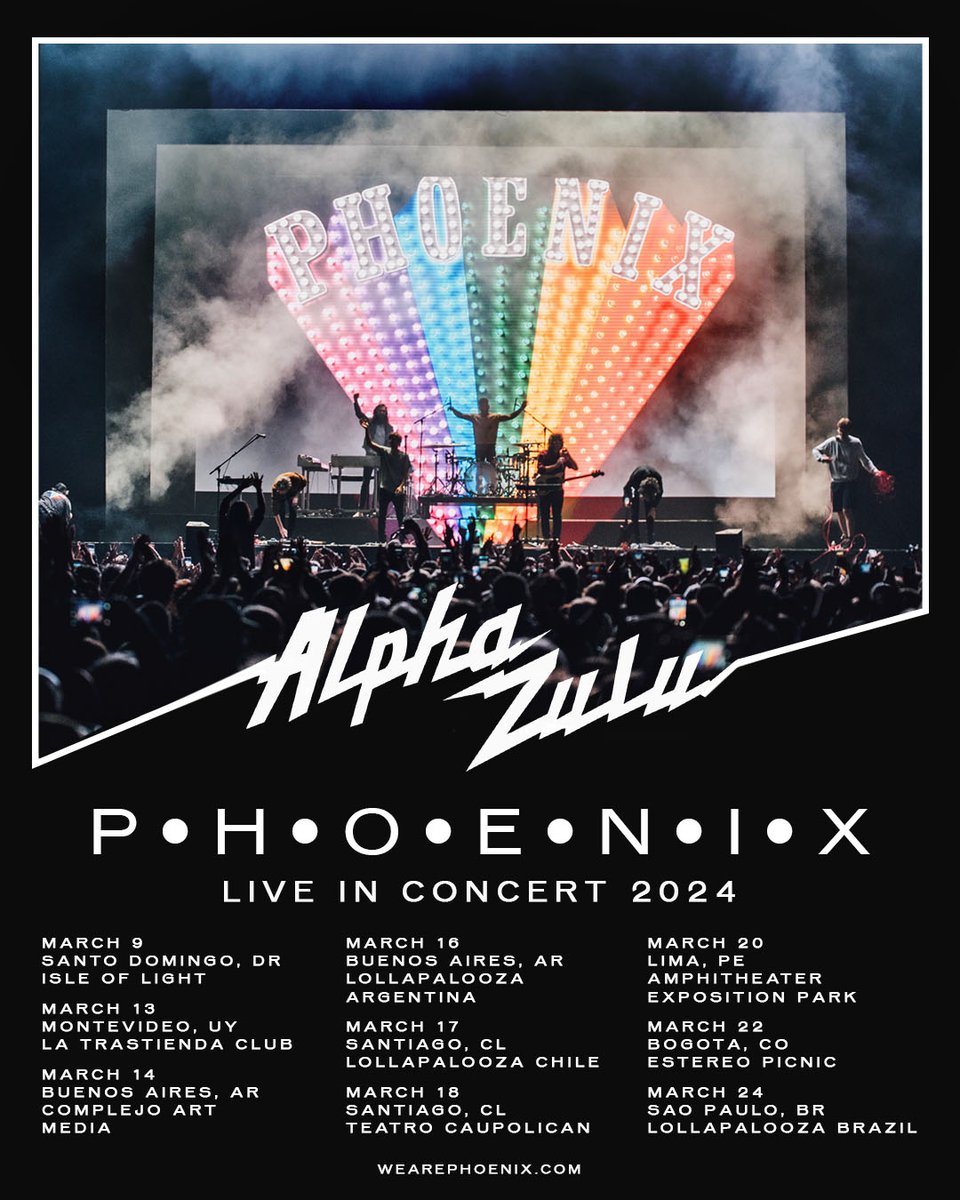 It’s been 7 years since we played in South America, 10 since Lolla… WAY TOO LONG! WE CAN’T WAIT TO SEE YOU ALL! Tickets for all shows including headline shows in Montevideo, Lima plus side shows in Santiago & Buenos Aires on sale now wearephoenix.com/tour/