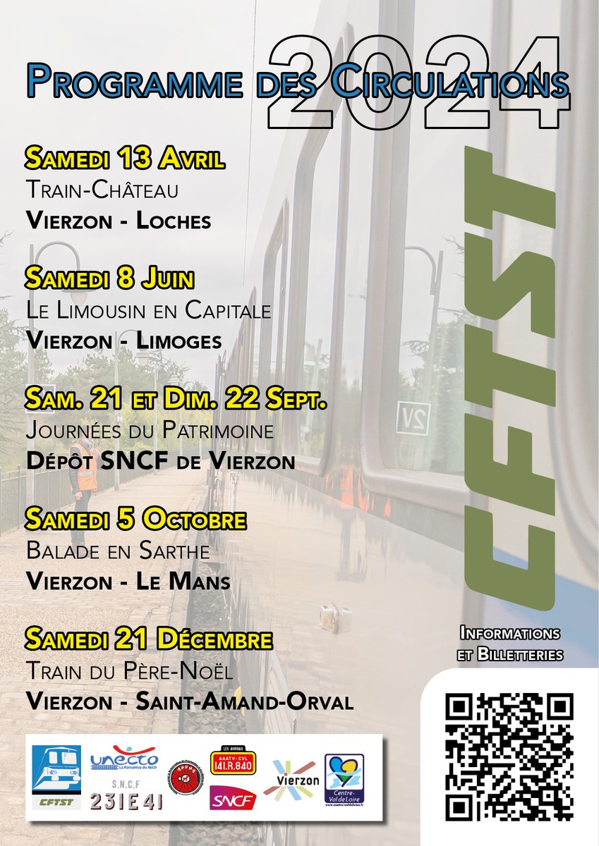 ⏰ En avant pour les prochains voyages !

🫶 C'est avec enthousiasme que nous présentons ce programme prévisionnel des circulations pour cette année 2024.
🚞 Nous sommes impatients de vous retrouver à bord de notre train pour de nouvelles aventures !