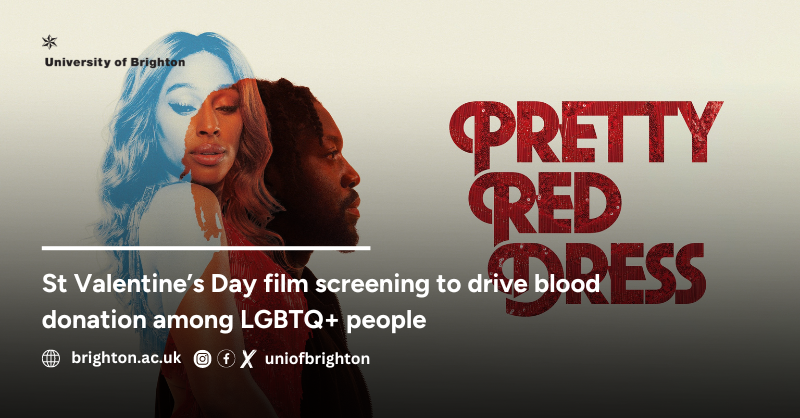 uniofbrighton's tweet photo. Gather around! St Valentine's Day just got better!

University of Brighton @donorsresearch and @TNBFC present the screening of 'Pretty Red Dress' film as they highlight the need for more gay men to donate blood.

Time is 7:30PM at @dukesatkomedia in Brighton.
