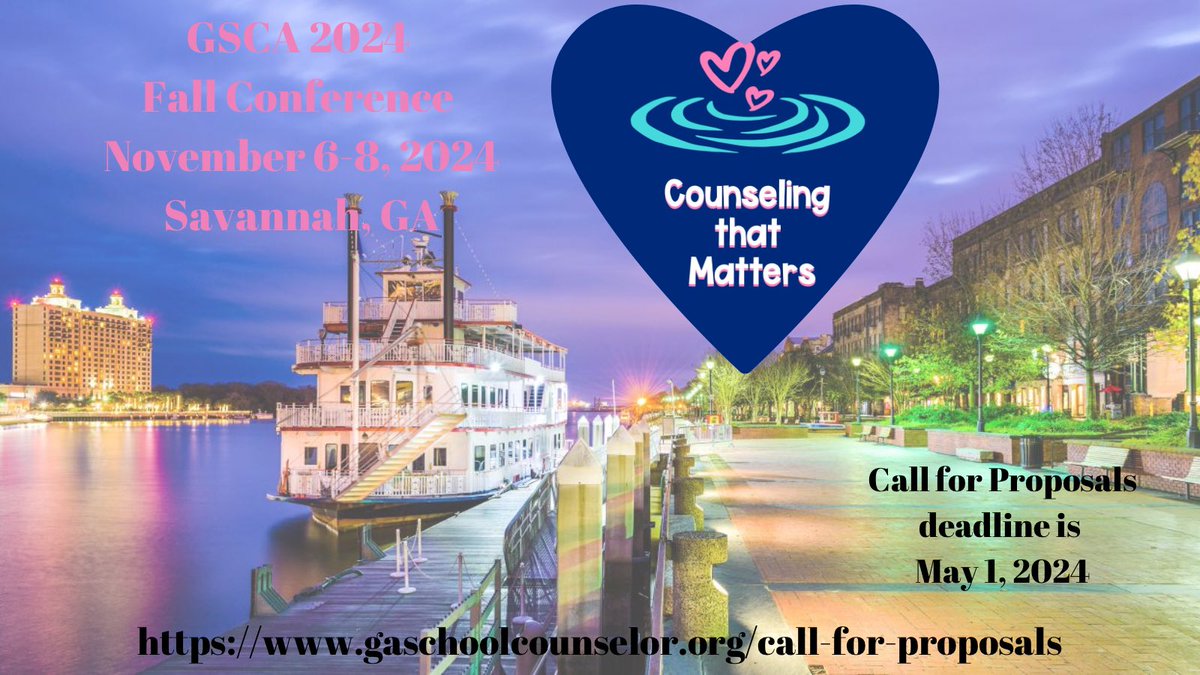 Our Fall 2024 GSCA Annual Conference in Savannah is will be on November 6-8. Do you have innovative ideas and strategies to share with your fellow counselors throughout the state? The deadline 5/1/24. gaschoolcounselor.org/call-for-propo… #CounselingThatMatters #scchat #GSCA24 #gsca