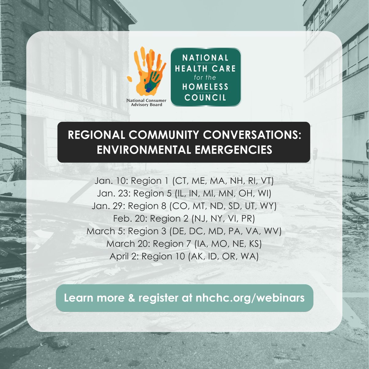 The National Health Care for the Homeless Council is looking for people with lived experience of homelessness who have survived an environmental emergency to help inform regional conversations about disaster response. Learn more here: ow.ly/WXuE50Qojop