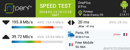 Energix's tweet image. ↓195817 kb/s ↑39717 kb/s, ⇄ 20 ms / mobile:Free Mobile / #OnePlus8Pro / #nPerf v2.14.11 / La Défense Grande Arche