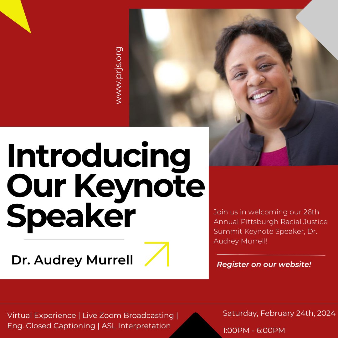 justicepgh's tweet photo. The Pittsburgh Racial Justice Summit welcomes Dr. Audrey Murrell as keynote speaker!
Join us Saturday, Feb 24 at 1:00pm -- more info & registration at https://t.co/dX2k1RJ9Uj
Live in Zoom, with Dr. Murrell, a panel, and breakout room discussions.
#PRJS2024 https://t.co/aiDyVmSivx