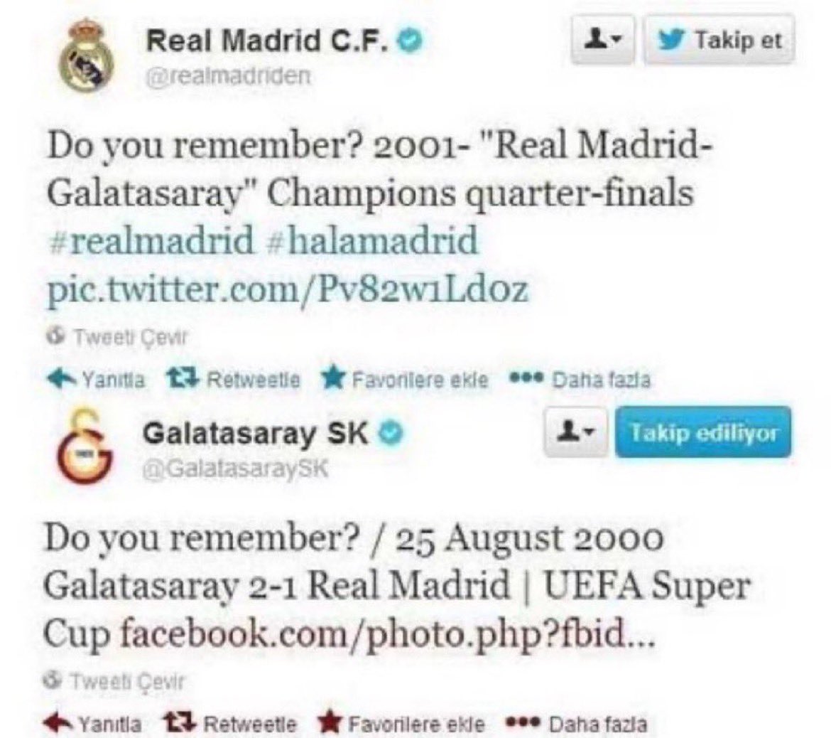 Galatasaray,"çeyrek finali hatırlıyor musun"diye soran Real Madrid'e"UEFA Süper Kupa finalini hatırlıyor musun"şeklinde yanıt vereli 9 yıl 6 ay 27 gün oldu...