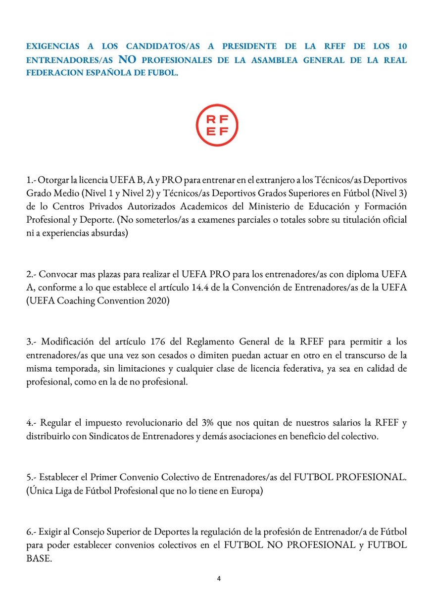 EXIGENCIAS A LOS CANDIDATOS/AS A PRESIDENTE DE LA RFEF <a href="/rfef/">RFEF</a> DE LOS 10 ENTRENADORES/AS NO PROFESIONALES DE LA ASAMBLEA GENERAL DE LA REAL FEDERACION ESPAÑOLA DE FUBOL.
