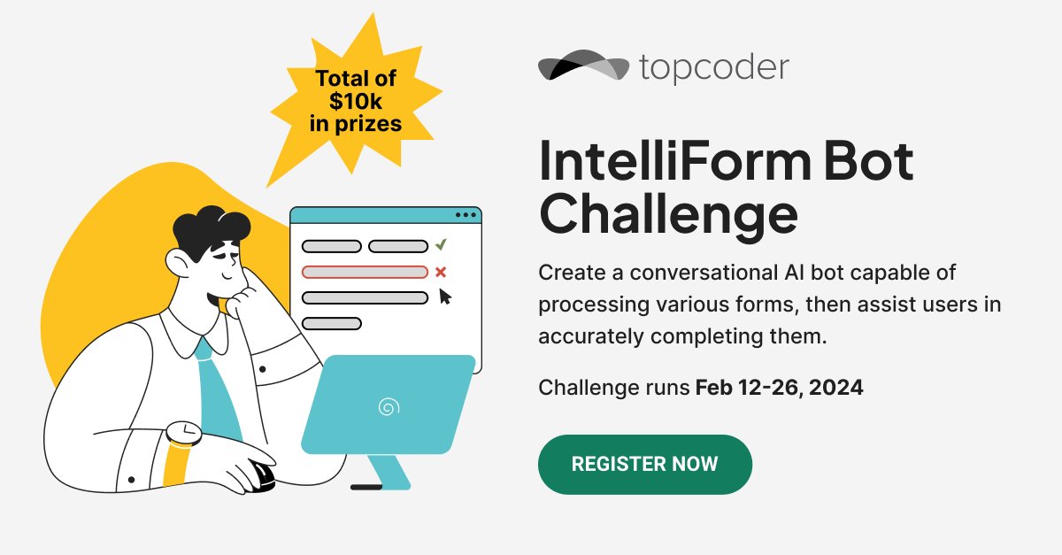 ✍️ In our IntelliForm Challenge, members will develop a conversational bot capable of automatically completing a form a user provides, ensuring accuracy and precision every time. Click the link in our profile to register today!

#topcoder #innovationchallenge #innovationchallenge