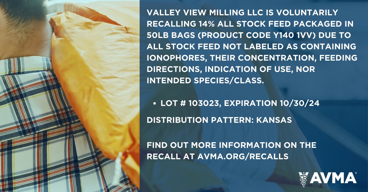 AVMARecallWatch's tweet photo. RECALL ALERT - Valley View Milling is voluntarily recalling 14% All Stock Feed packaged in 50lb bags due to all stock feed not labeled as containing ionophores, their concentration, feeding directions, indication of use, nor intended species/class. More: https://t.co/LdlFd9a13G https://t.co/CeI8Iufy4i