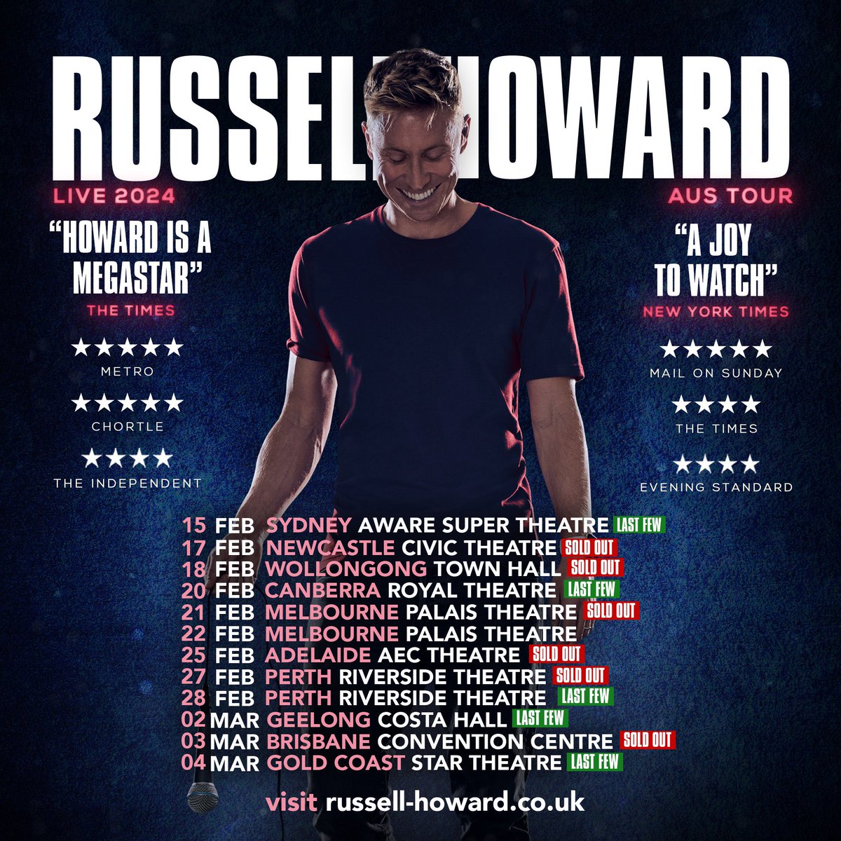 Can’t wait to kick off the Australian leg of my tour this week! Most dates are sold out and very few remaining on the rest. See you all down under! 🇦🇺 Tix available via: russell-howard.co.uk/home#aus-dates
