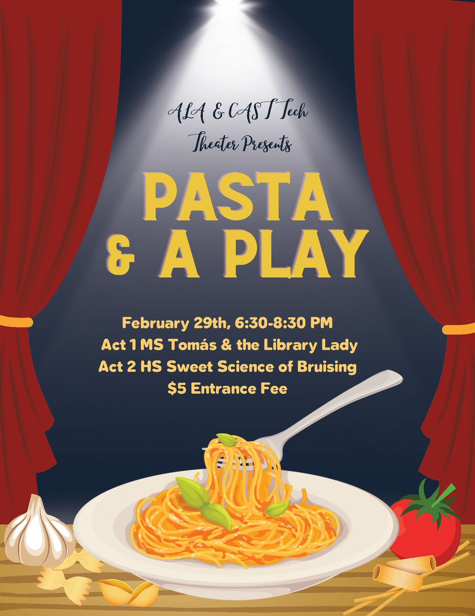 Enjoy a plate of delicious pasta as our theatre group performs our Middle School production of Tomás and the Library Lady followed by our High School production of The Sweet Science of Bruising. "Pasta &amp; a Play," is happening Thursday, February 29th from 6:30-8:30pm!