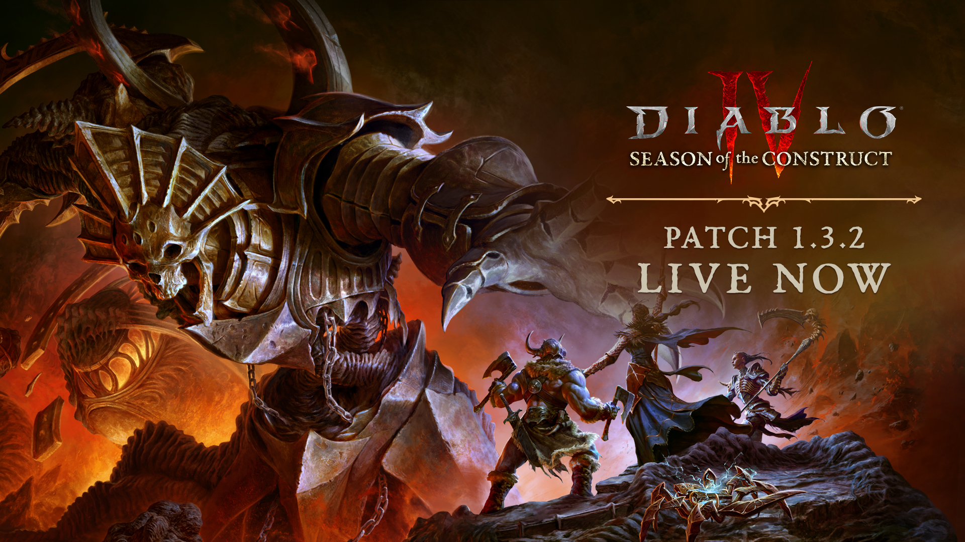 Detailed illustration of a Diablo IV sorcerer, necromancer, and barbarian standing on a cliff overlooking a massive cavern. A gargantuan stone and steel Vault Guardian-golem fills the cave, reaching toward them with armored hands, its skull-like face open in a scream. Behind the Guardian, an enormous, mechanized orb spins, while a small spider-like robot stands behind the three warriors. Text overlaid reads, Diablo IV. Season of the Construct. Patch 1.3.2. Live Now. 
