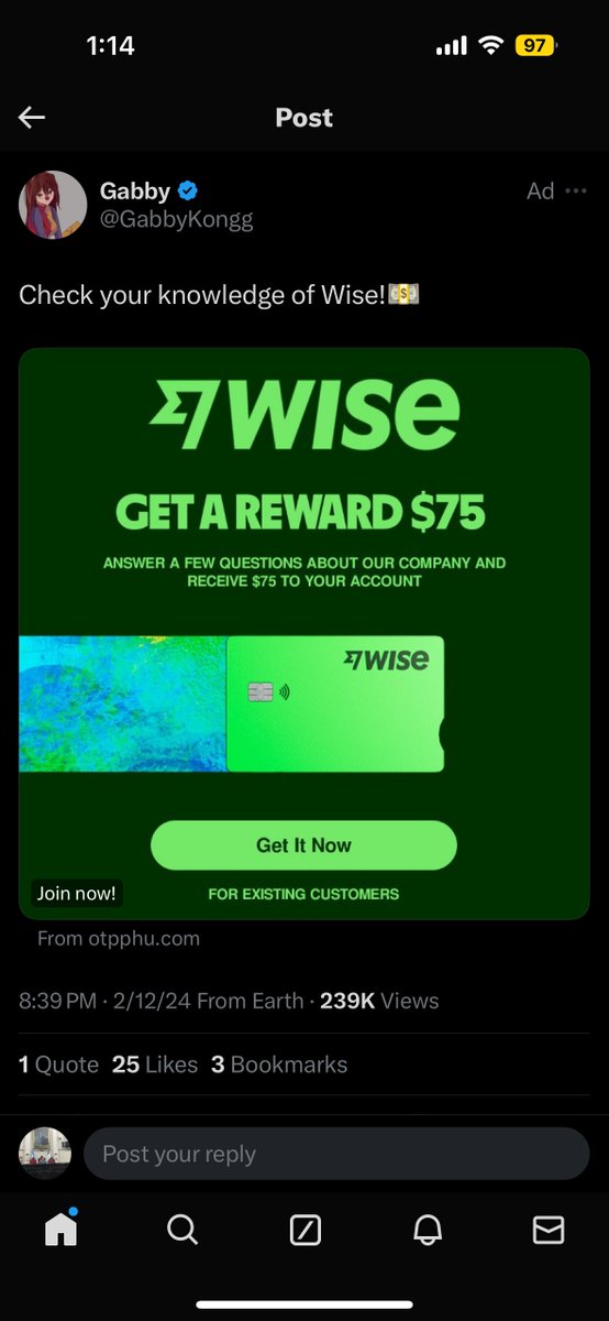 ChispadeGeo's tweet photo. @Wise FYI there is a phishing scam running ads on X trying to get users to login with their credentials https://t.co/IkJBIF2rmc