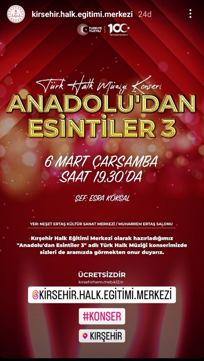 Anadolu'dan Esintiler 3 adlı Türk Halk Müziği Koromuz hazır. Halk Eğitimi Merkezlerinin Kapasitelerinin Arttırılması Projesi kapsamında hazırladığımız konserimize türkü severleri bekliyoruz.
<a href="/mebhbogm/">MEB Hayat Boyu Öğrenme Genel Müdürlüğü</a> 
<a href="/cengizmete/">Cengiz Mete</a> 
<a href="/KirsehirMEM/">Kırşehir İl Millî Eğitim Müdürlüğü</a> 
<a href="/yasingulsen9/">Yasin🇹🇷🇹🇷🇹🇷</a>