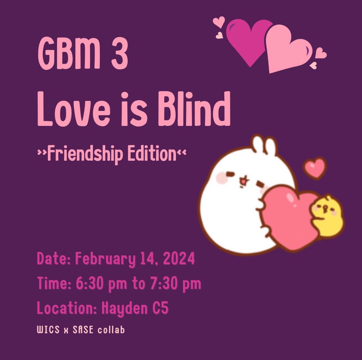 wics_asu's tweet photo. No dates? No problem. Come join us to celebrate this Valentine's day with "Love is Blind: Friendship Edition", 
Stop by to form lovely connections in Hayden C5 at 6:30pm.

Date: Wednesday, February 14th, 2024
Time: 6:30pm to 7:30pm MST
Location: Hayden Library, C5 https://t.co/hzGdyS2iuf