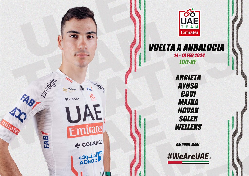 Five days of racing awaits the guys in Spain. Here’s our lineup for the #70RdS 🇪🇸: 🇪🇸 @Igorarrieta9 🇪🇸 @juann_ayuso 🇮🇹 @AlessandroCovi 🇵🇱 @majkaformal 🇸🇮 @DomenNovak 🇪🇸 @solermarc93 🇧🇪 @Tim_Wellens #UAETeamEmirates #WeAreUAE