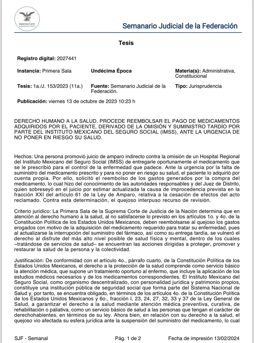MoraErica's tweet photo. ‼️Es derecho de los pacientes del IMSS el reembolso de los medicamentos que compren cuando el Seguro Social no se los entregue de manera oportuna. 
📍La Suprema Corte mexicana determinó que el derecho a la salud (artículo 4 constitucional) también comprende el derecho a recibir oportunamente los medicamentos como parte de las acciones para proteger, promover y restaurar la salud de la persona y la colectividad. Tesis: 1a./J. 151/2023 (11a.) 
#PeriodismoJurídico #SCJN