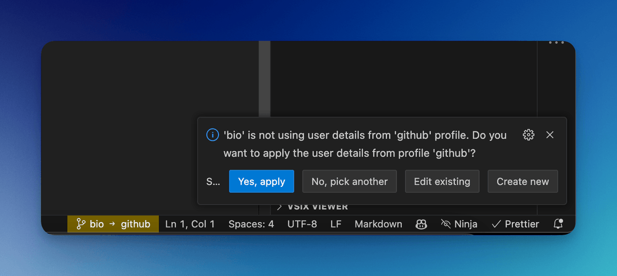 🌟Get the latest update of my VSCode extension! This release adds new features including support for Git signingkey, profile deletion, seamless migration of your existing profiles to new formats, and fixes many critical bugs.

marketplace.visualstudio.com/items?itemName…

#vscode #developers #GitHub